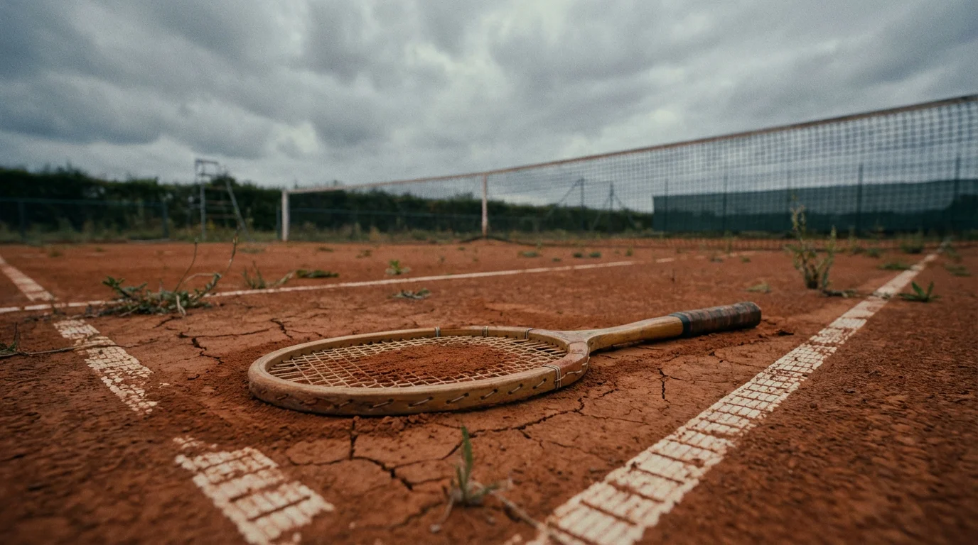 Raquette de tennis posée seule sur un court vide en terre battue sous un ciel nuageux