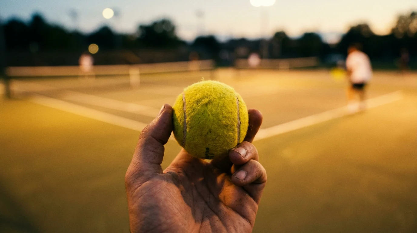 Main tenant une balle de tennis jaune devant un court de tennis éclairé en soirée