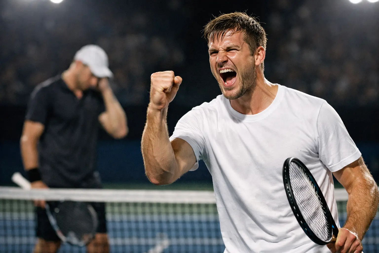 Joueur de tennis r&eacute;agissant apr&egrave;s avoir r&eacute;alis&eacute; un break