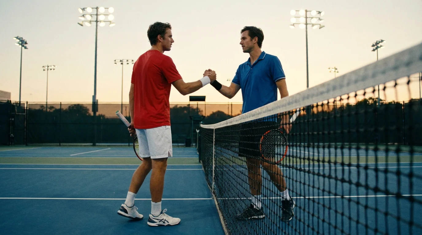 Deux joueurs de tennis se serrant la main au filet après un match sur court en dur