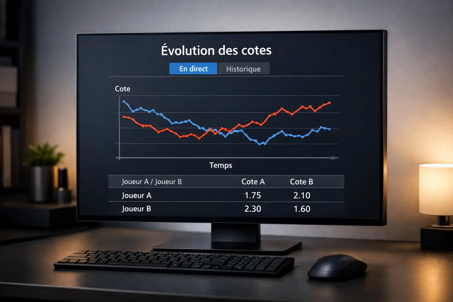 &Eacute;cran montrant l'&eacute;volution des cotes pendant un match