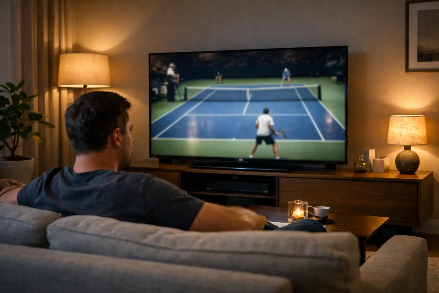 Match de tennis en direct sur t&eacute;l&eacute;viseur dans un salon