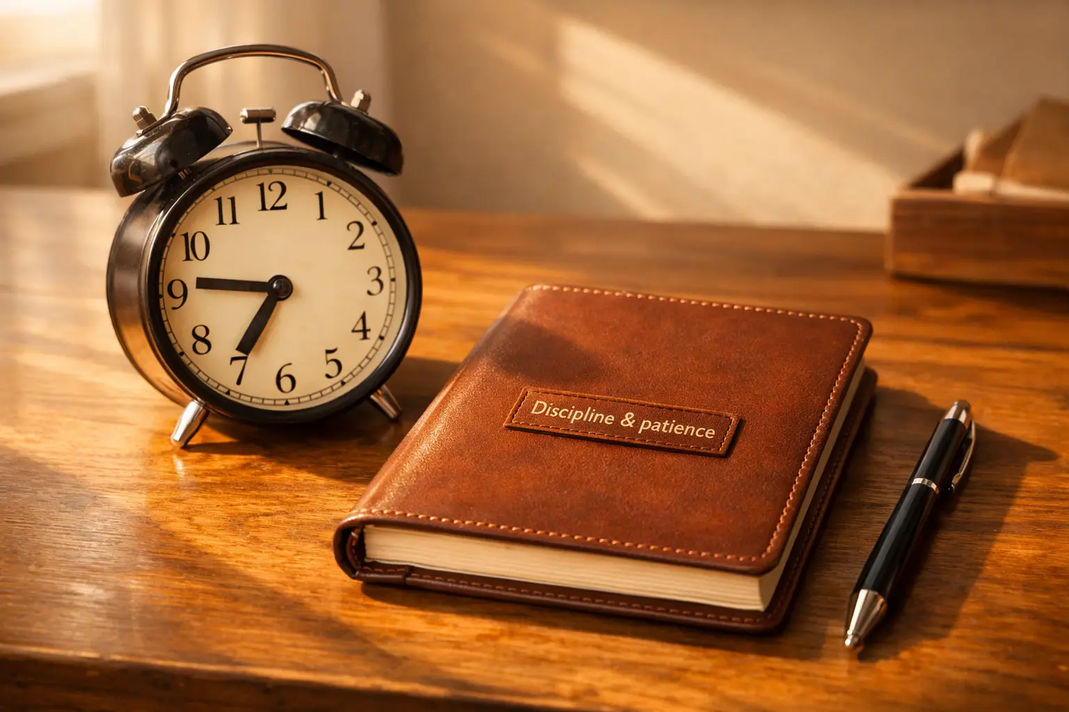 Horloge et carnet repr&eacute;sentant la discipline et la patience
