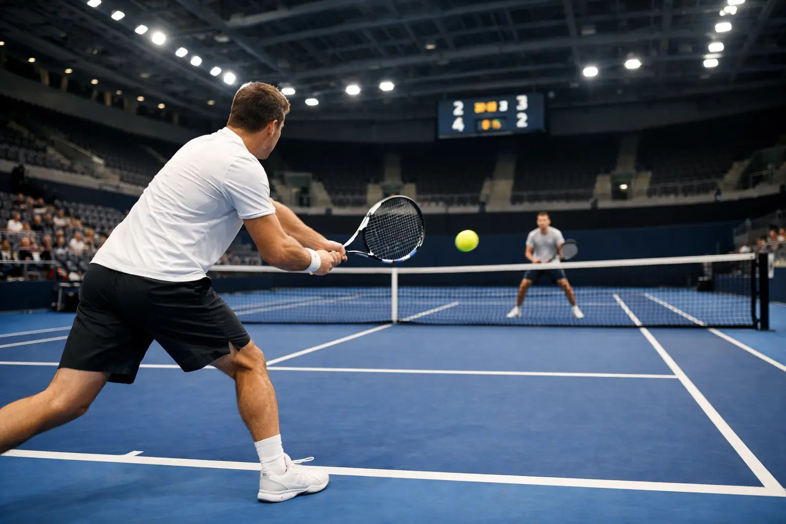 Match de tennis sur surface dure indoor avec &eacute;clairage