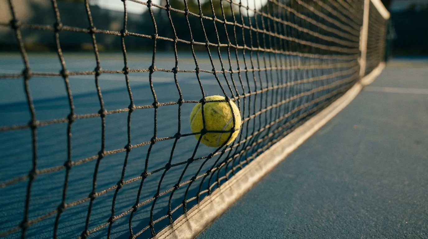 Balle de tennis coincée dans le filet sur un court de tennis en dur bleu