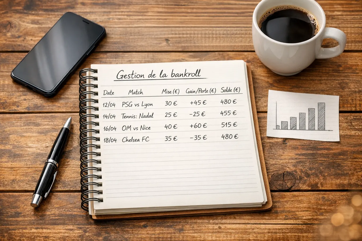 Carnet de notes ouvert avec un stylo posé dessus pour le suivi des paris