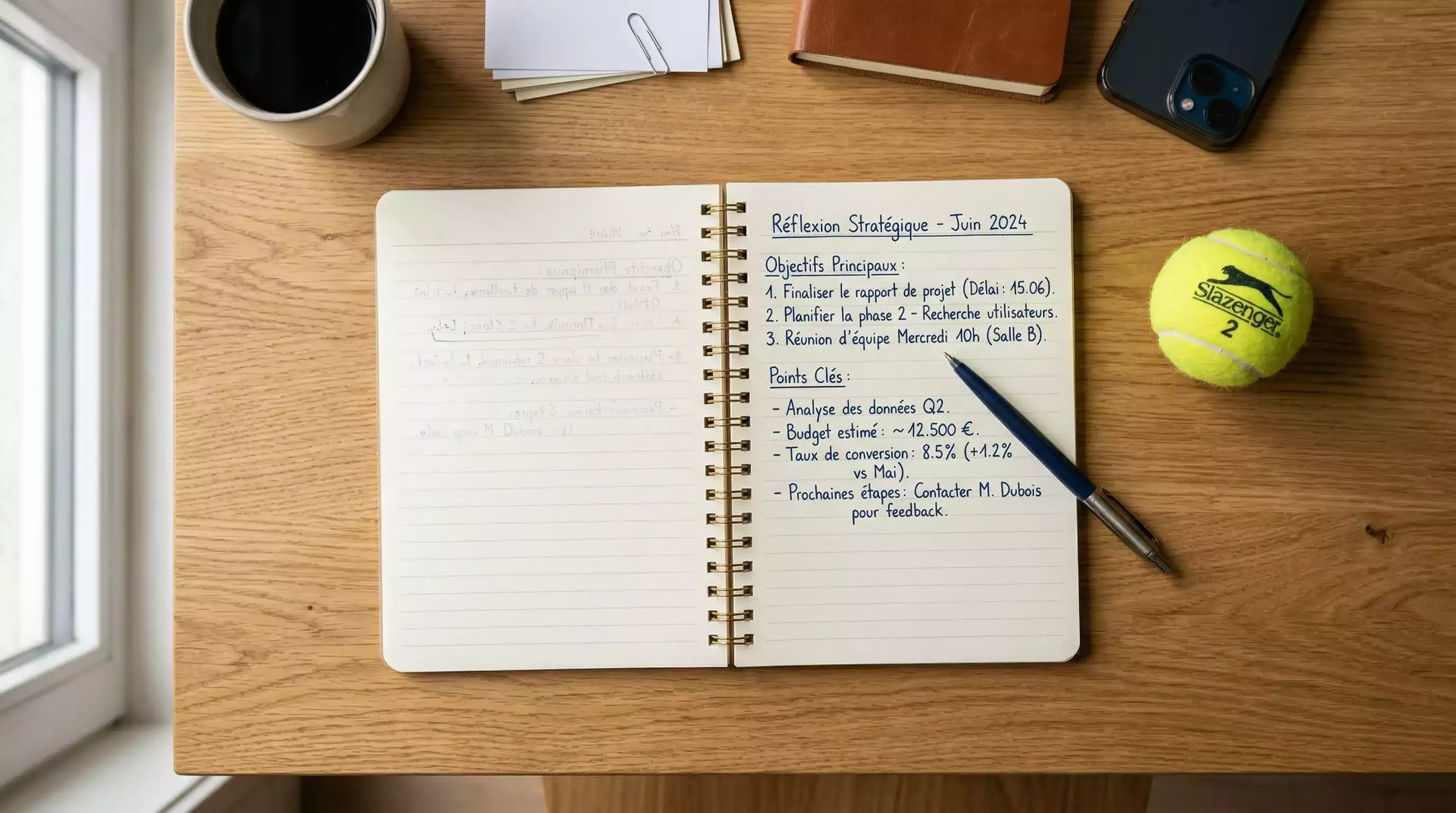 Carnet de notes ouvert avec un stylo posé sur une table en bois à côté d'une balle de tennis