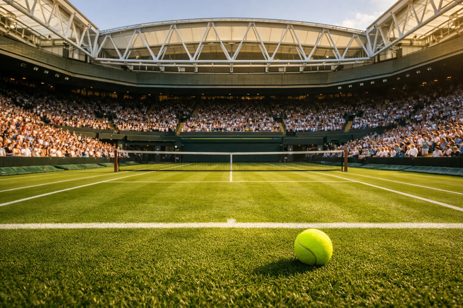 Vue panoramique du court central de Wimbledon avec ses tribunes remplies de spectateurs