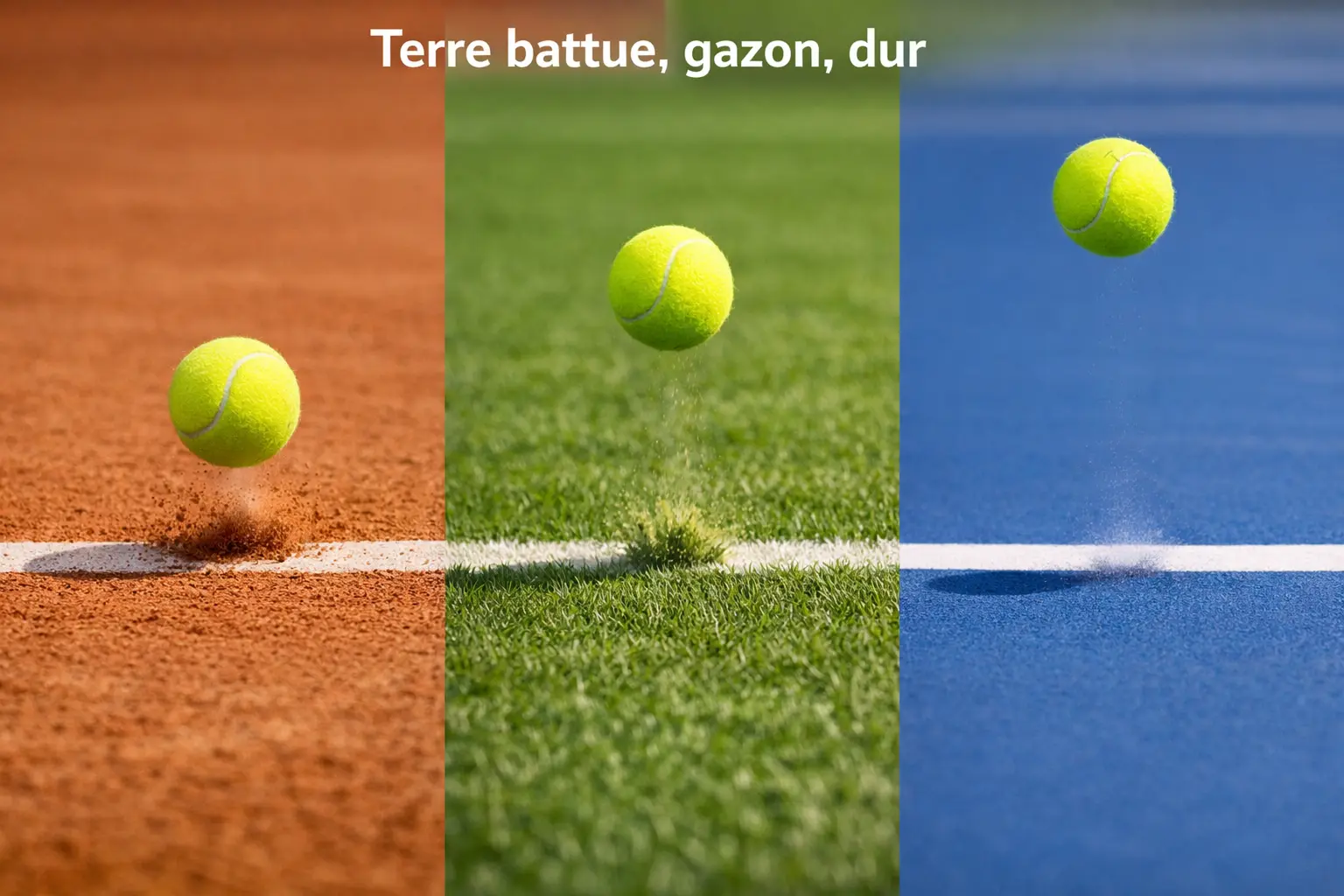 Trois surfaces de tennis côte à côte : terre battue, gazon et dur