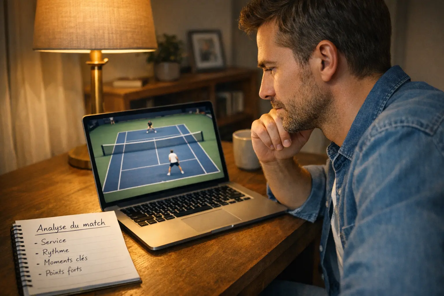 Homme concentré analysant un match de tennis sur écran
