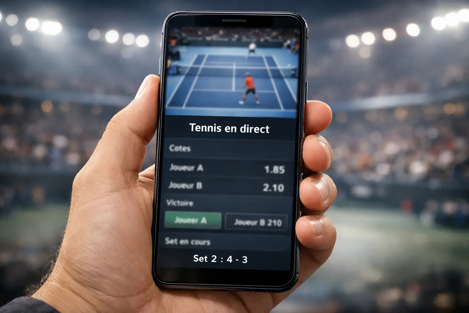 Smartphone affichant un match de tennis en direct avec cotes