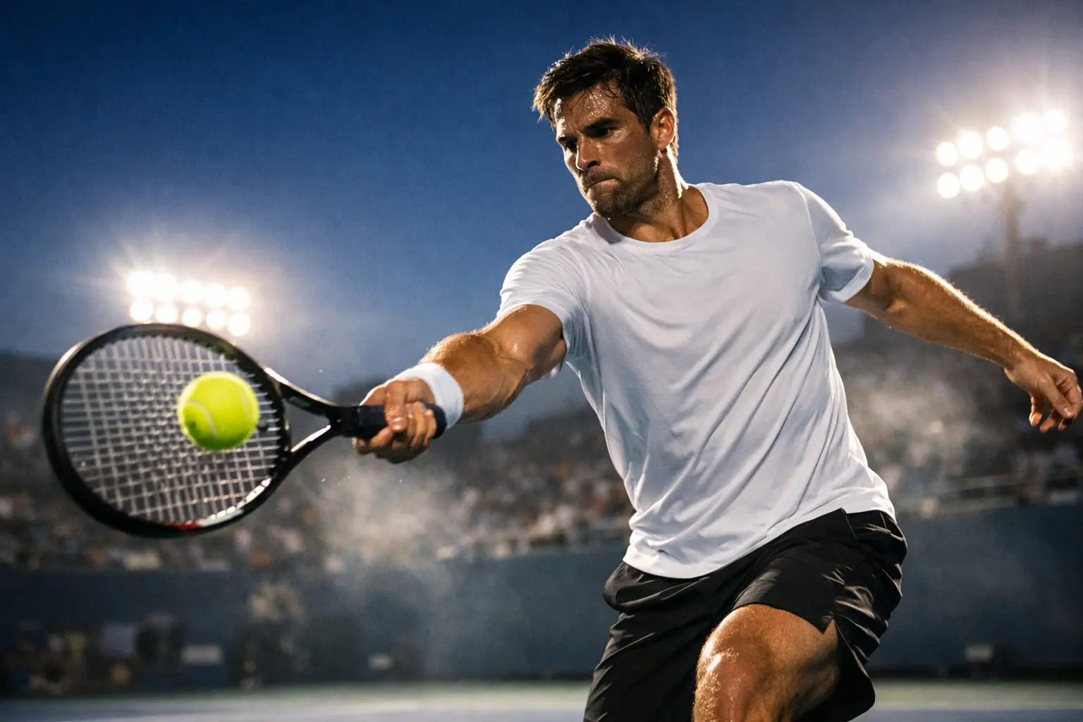 Joueur de tennis professionnel en action sur un court de tennis