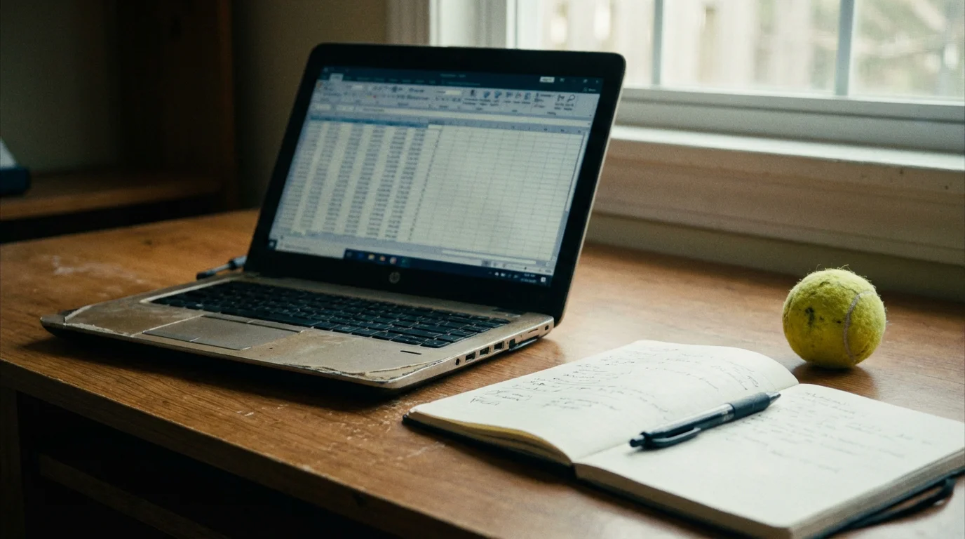 Ordinateur portable ouvert sur un bureau avec un cahier et une balle de tennis à côté