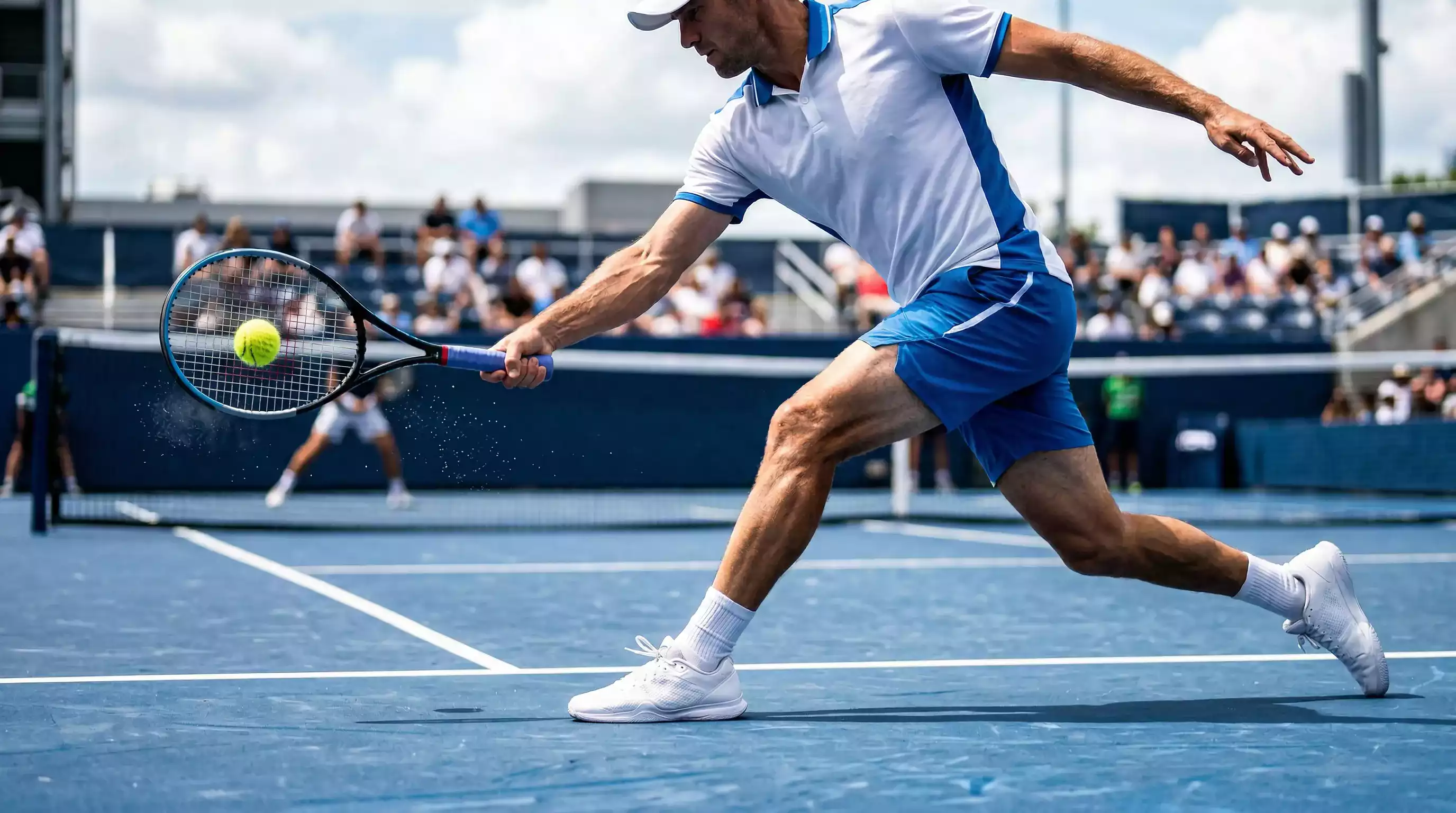 Joueur de tennis frappant un coup droit puissant sur un court en dur, vue en contre-plongée