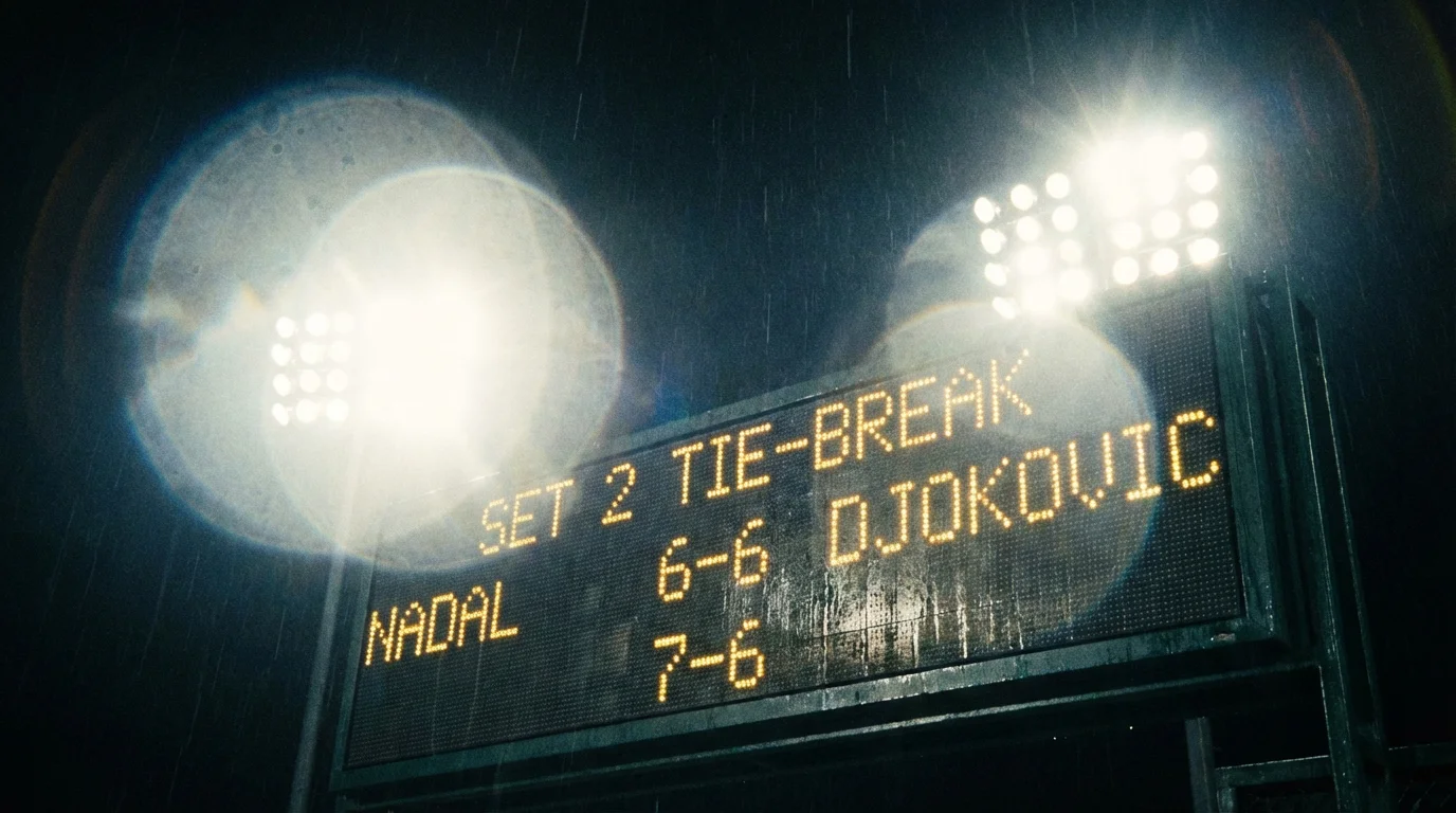 Scoreboard de tennis affichant un tie-break serré lors d'un match en soirée sous les projecteurs