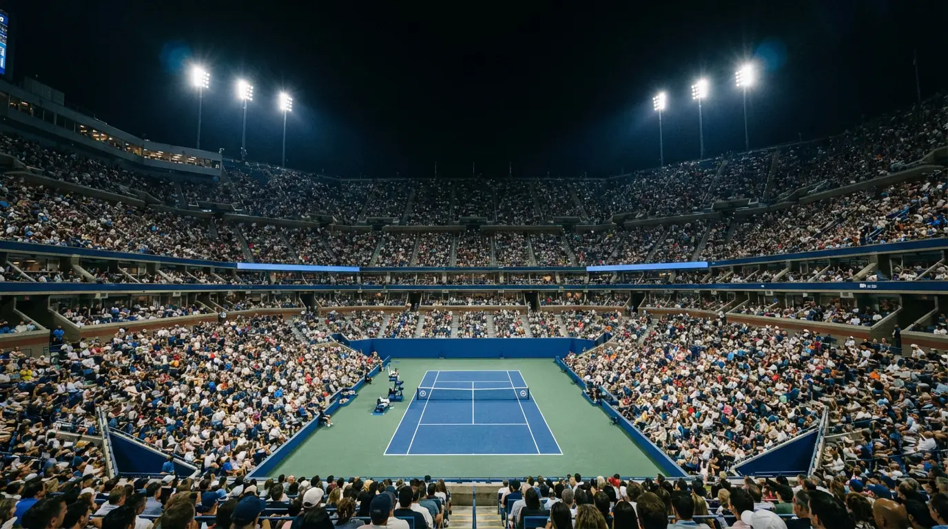 Stade Arthur Ashe de l'US Open illuminé la nuit avec court en dur bleu et foule animée