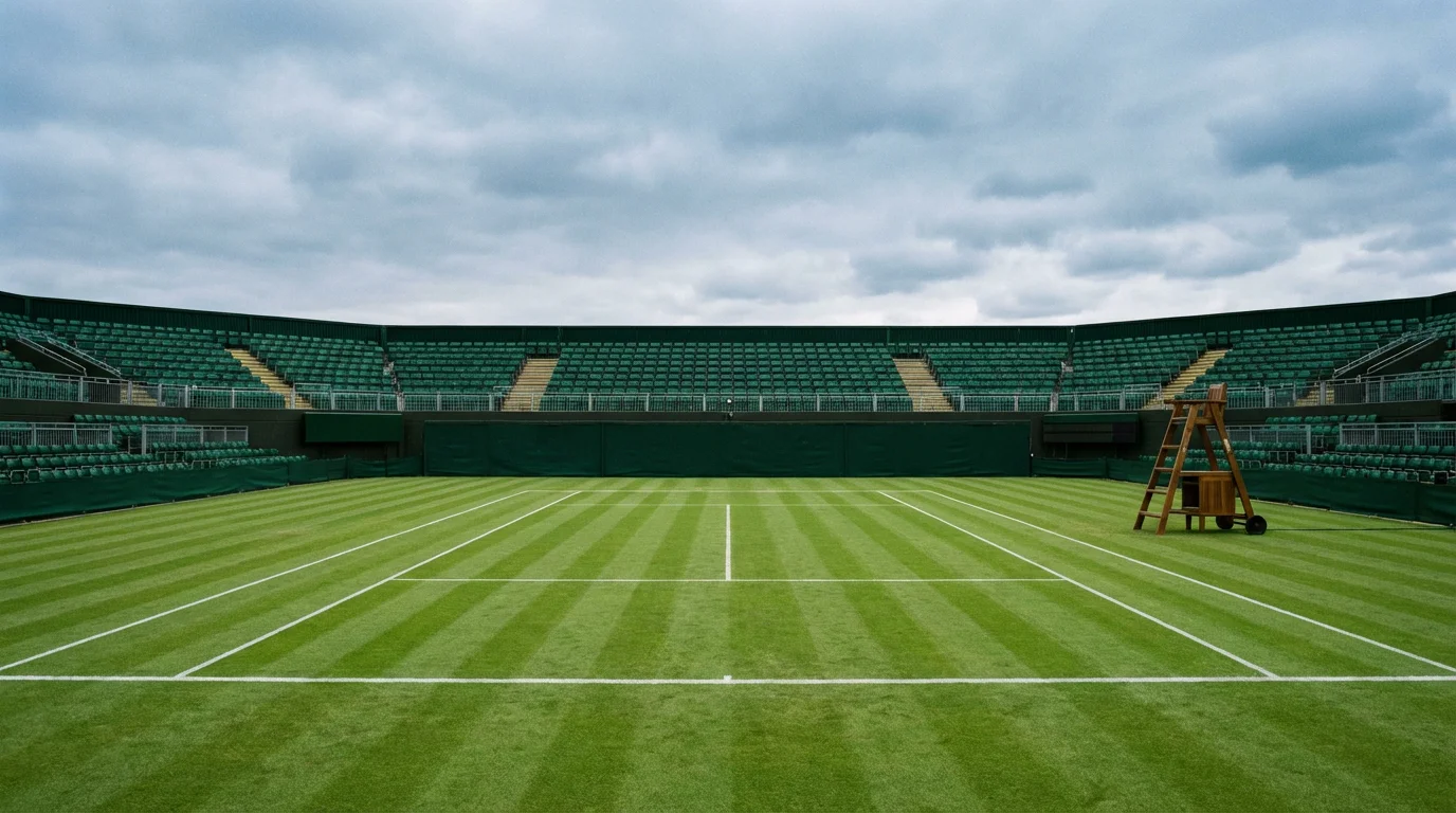 Court central de Wimbledon avec gazon vert tondu et chaises d'arbitre, ciel anglais nuageux