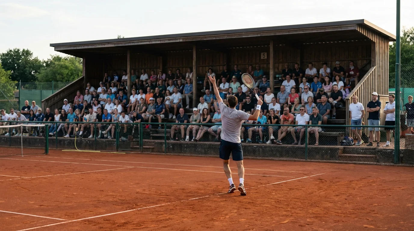 Petit court de tennis lors d'un tournoi ATP 250 avec tribune modeste et joueur au service