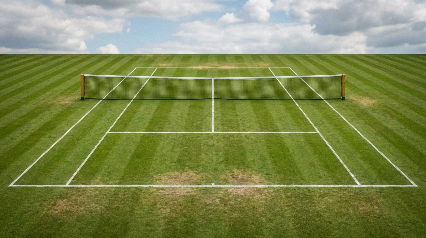 Court de tennis sur gazon vert impeccable avec lignes blanches tracées, filet tendu au centre