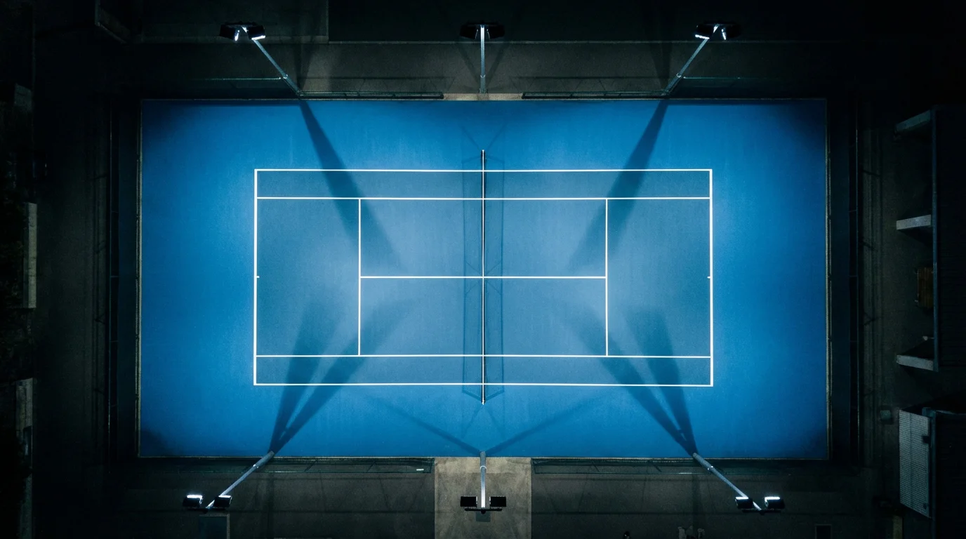 Court de tennis vu du dessus avec des lignes géométriques nettes sous un éclairage nocturne