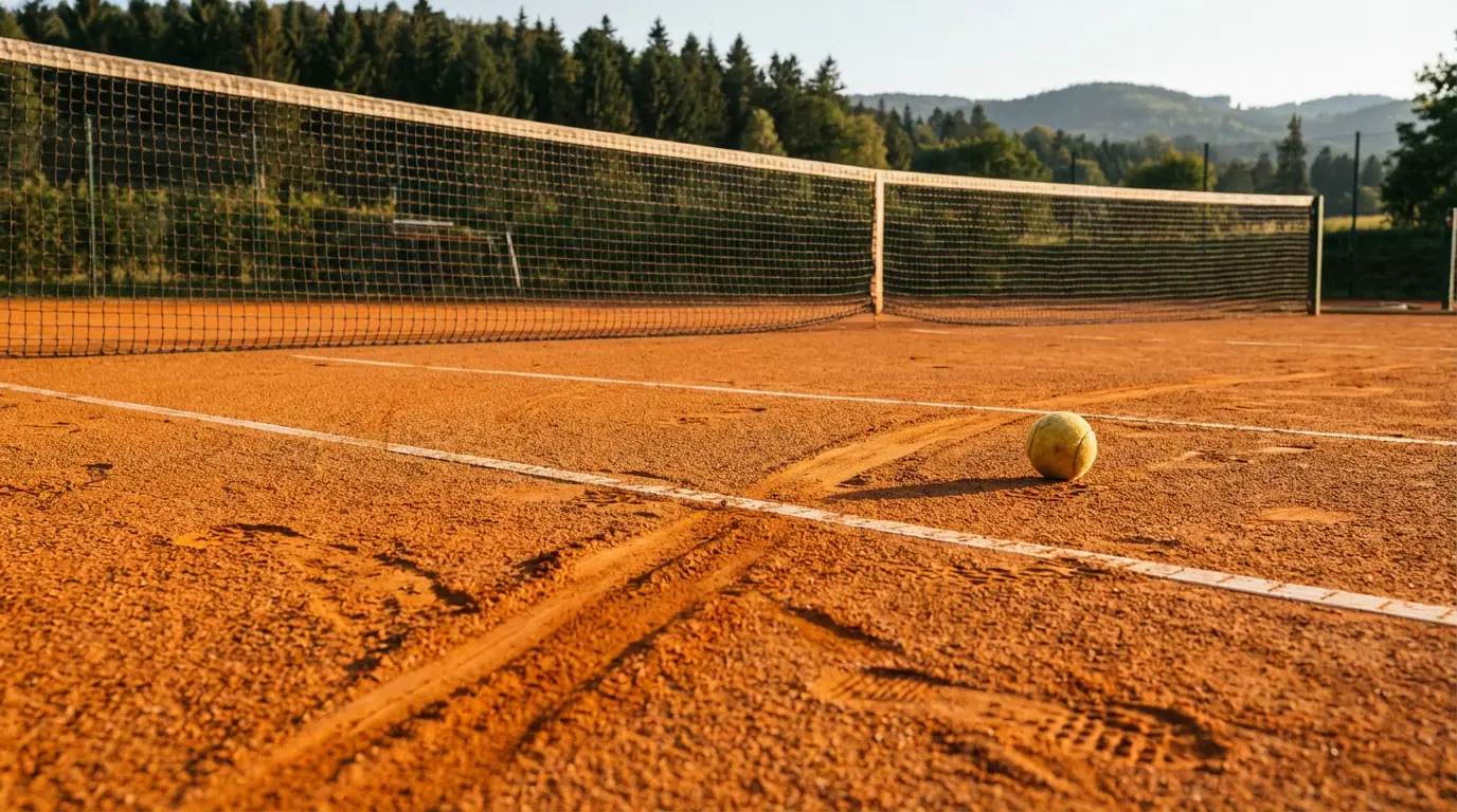 Court de tennis en terre battue orange avec lignes blanches et traces de glissade d'un joueur