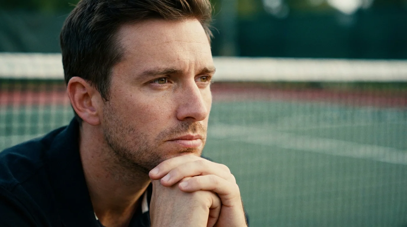 Homme concentré regardant un match de tennis les mains croisées sous le menton