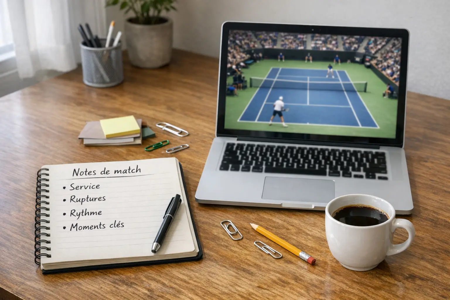 Ordinateur portable avec streaming tennis et notes &agrave; c&ocirc;t&eacute;