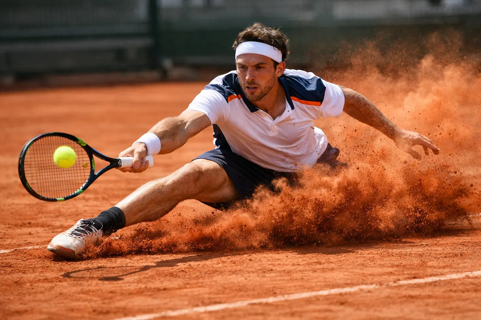 Joueur de tennis glissant sur terre battue pendant un &eacute;change