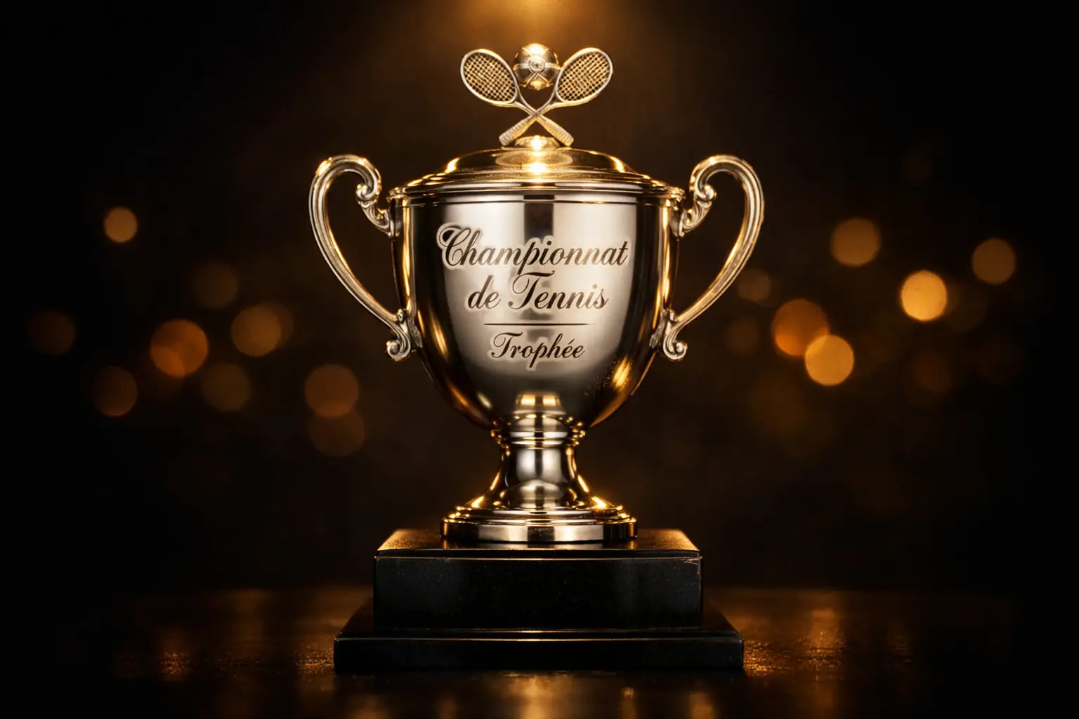 Troph&eacute;e de tennis sur podium avec lumi&egrave;re dor&eacute;e