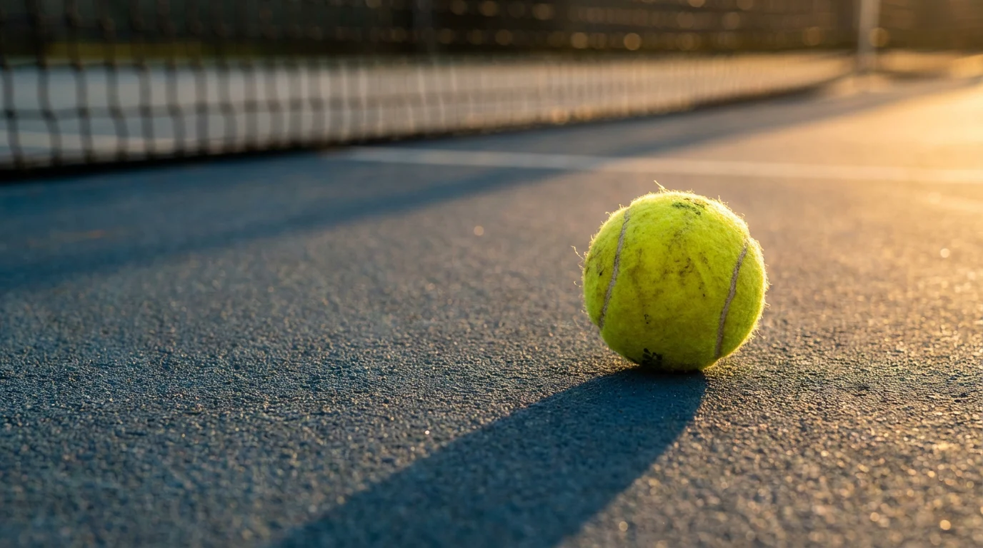 Balle de tennis posée sur un court en dur avec filet en arrière-plan, lumière dorée du soir