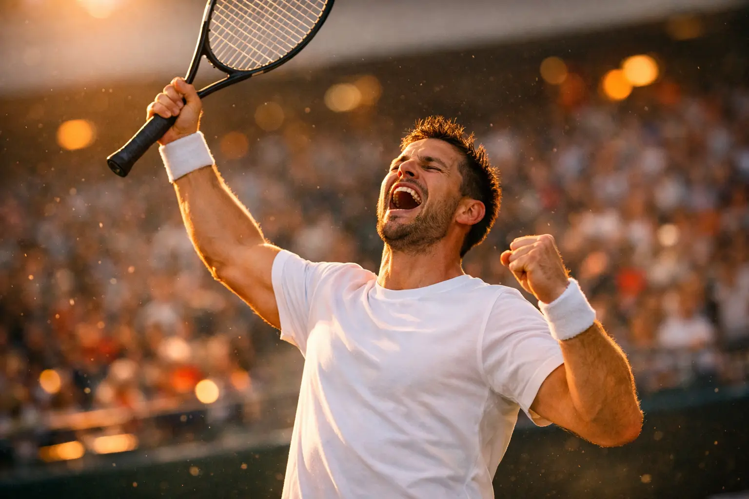 Joueur de tennis c&eacute;l&eacute;brant sa victoire avec raquette lev&eacute;e